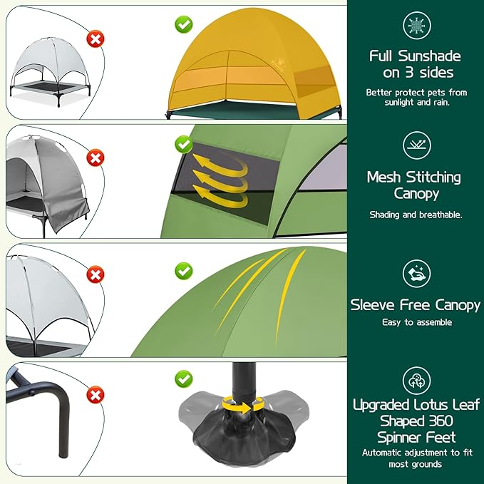 Elevated Outdoor Dog Bed with Canopy & Adjustable Feet - Larger Shade for Camping, Backyard & Patio