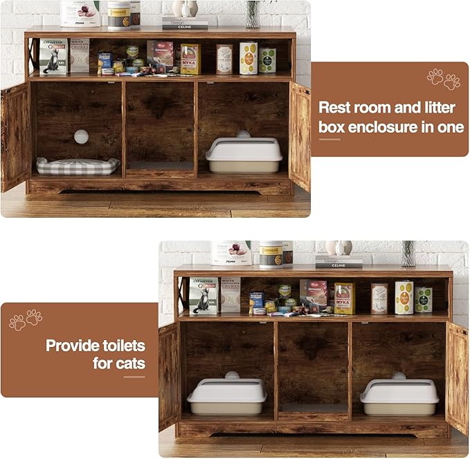 Cat Litter Box Enclosure for 2 Cats, 47" Double Hidden Litter Box Furniture with Scratch Pad, Farmhouse Indoor Litter Box Cabinet Cat Washroom, Rustic Brown