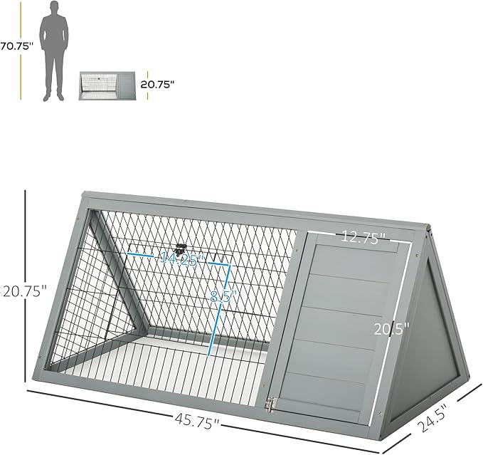PawHut 46" x 24" Wooden A-Frame Outdoor Rabbit Hutch, Small Animal Cage, Bunny Hutch with Outside Run & Ventilating Wire, Gray
