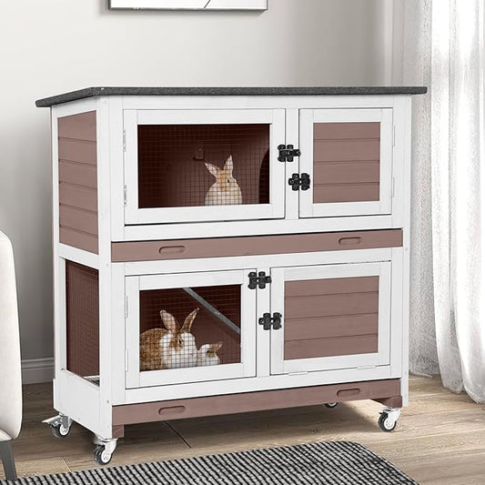 GUTINNEEN Rabbit Hutch Indoor with Chew-Proof Design, Wooden Bunny Cage Guinea Pig Cages with Lockable Wheels, Leak-Proof Trays for 1-3 Rabbits, Guinea Pigs, Small Animals (Brown)