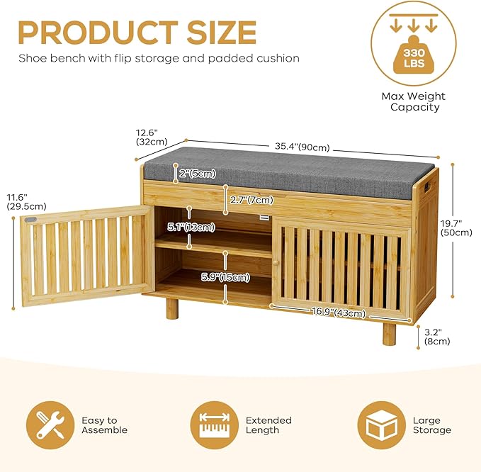 Shoe Storage Bench, Bamboo Entryway Bench with 2 Doors & Padded Seat Cushion, 35.4" W x 12.6" D x 19.7" H, 2-Tier Shoe Rack with Lift Top Hidden Storage, for Entryway, Living Room, Bedroom, Natural