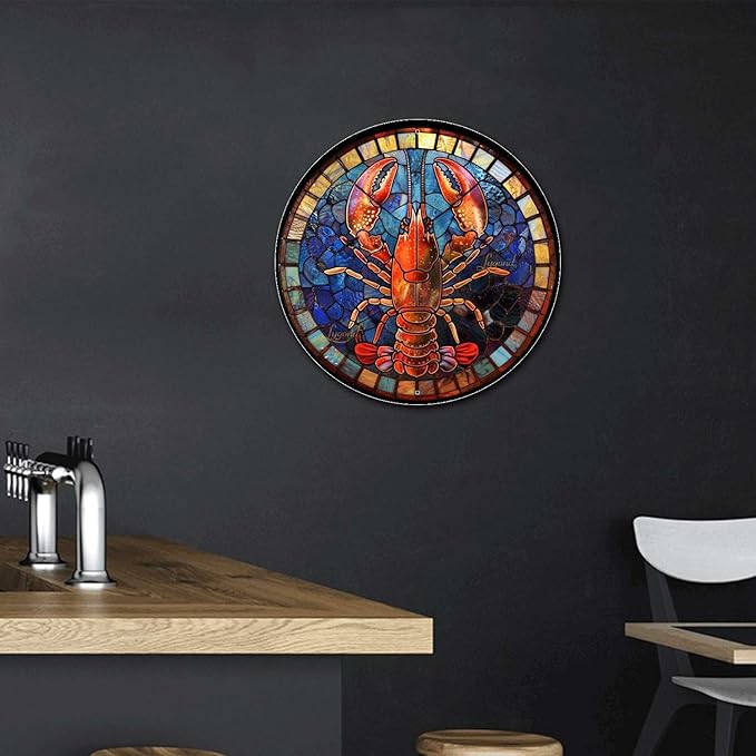 Lygond Metal Sign Tin Sign Circular Stained Glass Lobster Gardening Poster for Club 8×8 Inches