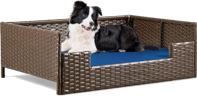 YITAHOME Rattan Dog Sofa Bed with Cushion,Wicker Pet Bed Sofa Couch Indoor Outdoor Water Resistant for Large Medium Small Dogs Cats (34.6''L*23.6''W*11.8'',Blue)