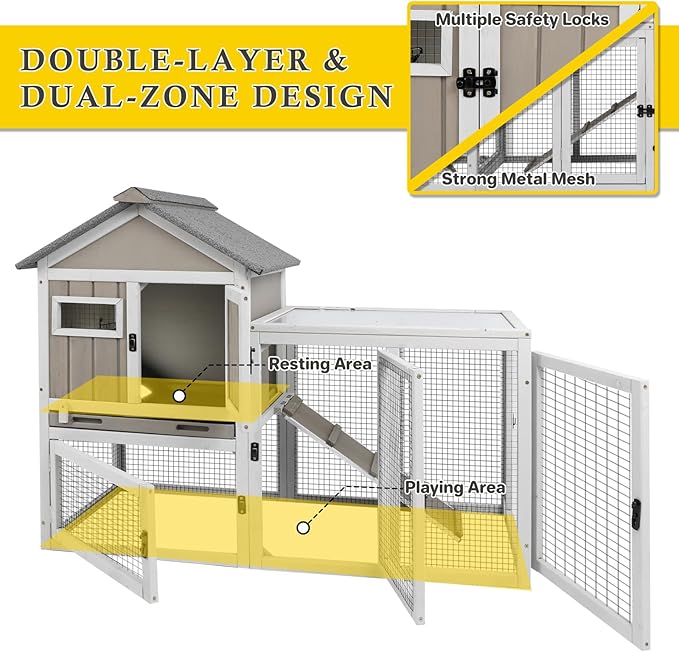 47''L Rabbit Hutch Outdoor Chicken Coop with Run, Wooden Indoor 2 Story Bunny House with Waterproof Roof, Pull Out Tray, Guinea Pig Rabbit Duck Cage for Small to Medium Animals and Pet Lover, Gray