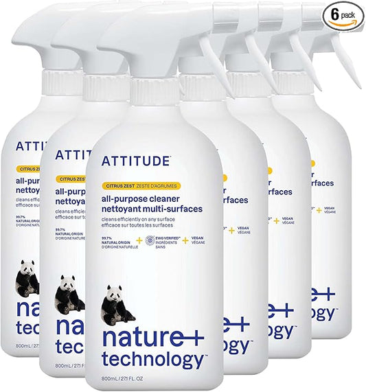 ATTITUDE All Purpose Cleaner Spray, EWG Verified, Vegan, Made with 94% Plant-Based Ingredients, Streak-Free for Kitchen, Bathroom, Glass & More, Citrus Zest Scent, 27.1 Fl Oz (Pack of 6)