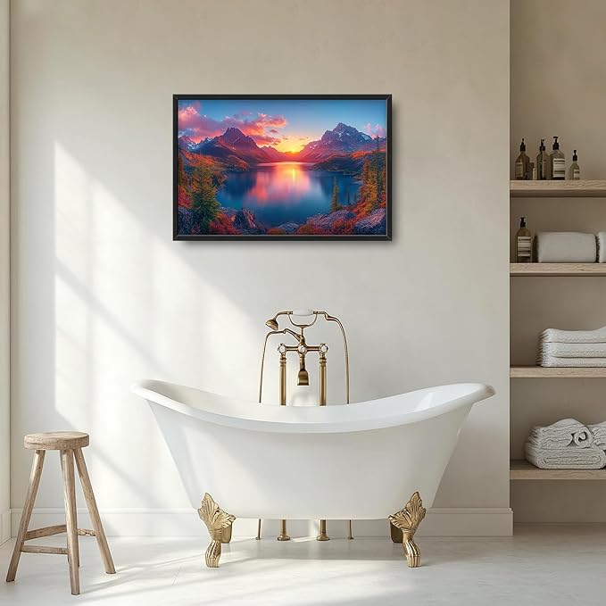 Large Lake Mountain Landscape Wall Art for Living Room, Nature Sunrise Canvas Oversized Wall Decor, River Forest Scenery Framed Pictures Painting Print Artwork for Bedroom Office 36"L x 24"W