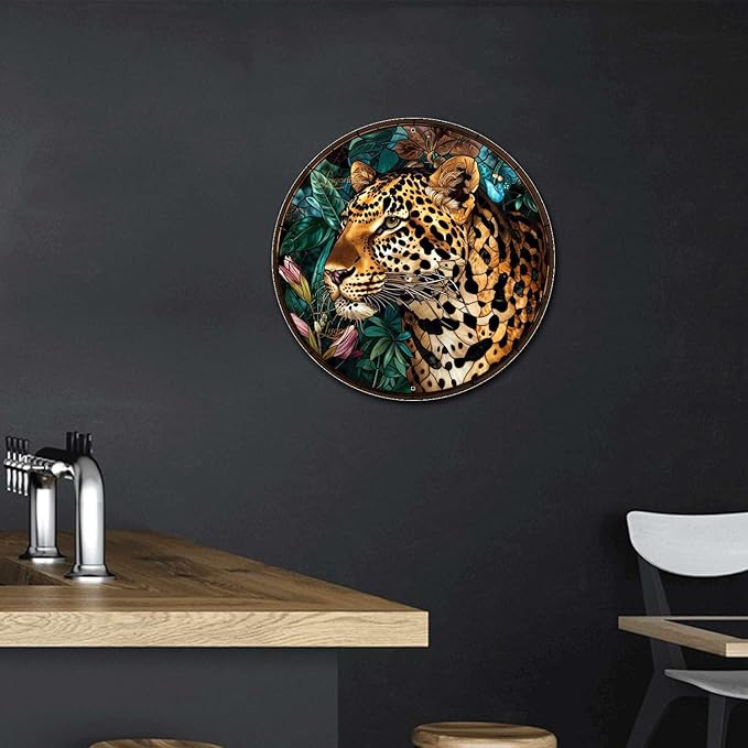 Lygond Metal Sign Tin Sign Circular Stained Glass Leopard Gardening Poster for Bar 12×12 Inches