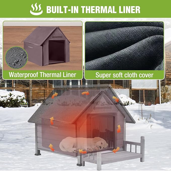 Metal Frame Dog House with Insulated Liner for Indoor & Outdoor Use - Large Dog Kennel with Weatherproof Roof & Foot Pads for Small, Medium & Large Dogs(Grey)