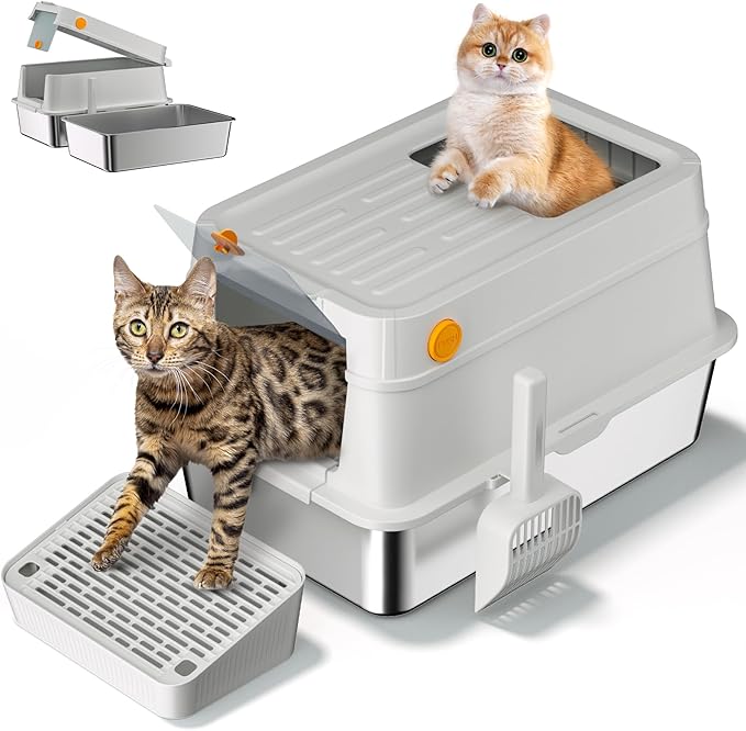 XL Stainless Steel Cat Litter Box with Easy-Open Lid, AOTRUTII Enclosed Metal Litter Box for Big Cats, Front Entry & Top Exit, High Sided, Anti-Leak, Non-Stick, Easy to Clean, Includes Scoop