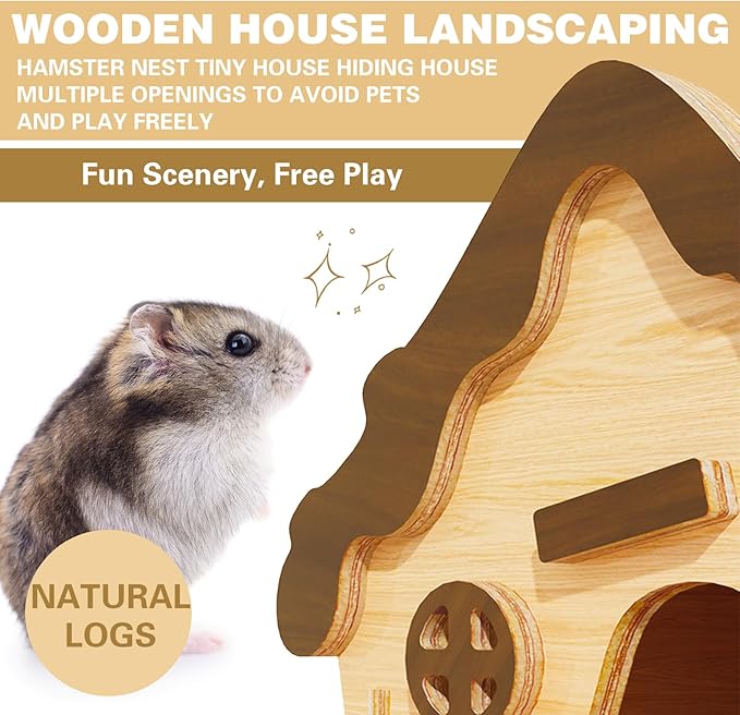 Wooden Hamster Platform and Dwarf Hamster House,Cute Syrian Hamster Tiny House Hideout,Large Balcony Lookout Holes,for Dwarf Gerbils and Mouse Mice Rat Other Small Animals(E)