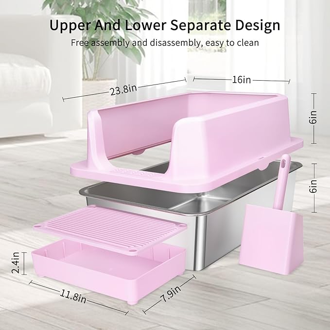 RIZZARI Large Stainless Steel Cat Litter Box: Open Top Leak-Proof Large Cat Pan - Odor Control for Indoor Multi-Cat Homes (Light Pink, 23.8" L*16" W*12" H)