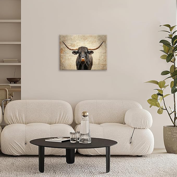 Rustic Highland Cow Pictures Wall Art, Farmhouse Black Cow Bathroom Wall Decor Animal Framed Painting Canvas Artwork for Bathroom Bedroom Living Room Decorations 20"L x 16"W