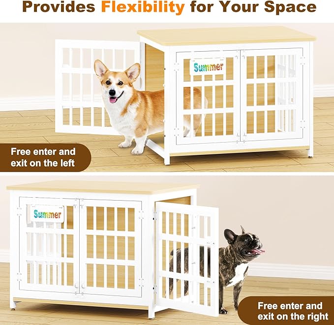 EasyCom 33" Dog Crate Furniture with Name Tag, Heavy Duty Dog Kennel Indoor for Medium and Small Dogs, Double-Doors Sturdy Metal Dog Cage, Decorate House as TV Stand, End Table, Bedside Table