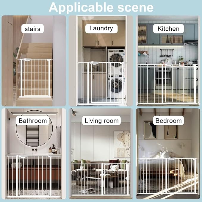 WAOWAO Triple Lock 49.21-66.54" Baby Gate Extra Wide Pressure Mounted Walk Through Swing Auto Close Safety White Metal Dog Pet Puppy for Stairs,Doorways,Kitchen