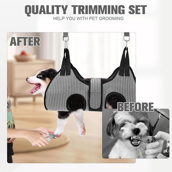 PAWCHIE Dog Grooming Hammock Harness for Dogs & Cats with Pet Nail Clipper Trimmer- Breathable Cat Hanger Sling for Trimming Clipping Nails-Dog Hammock Restraint Bag for Small Medium Large Dog, Grey M