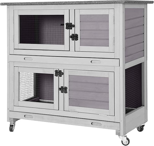 Gutinneen 2-Story Rabbit Hutch with Chew-Proof Ramp, 36" Indoor/Outdoor Rabbit Cage with 4 Casters & 2 Pull-Out Trays, Wooden Bunny Hutch Leakproof Small Animal Cage for Rabbits, Guinea Pigs