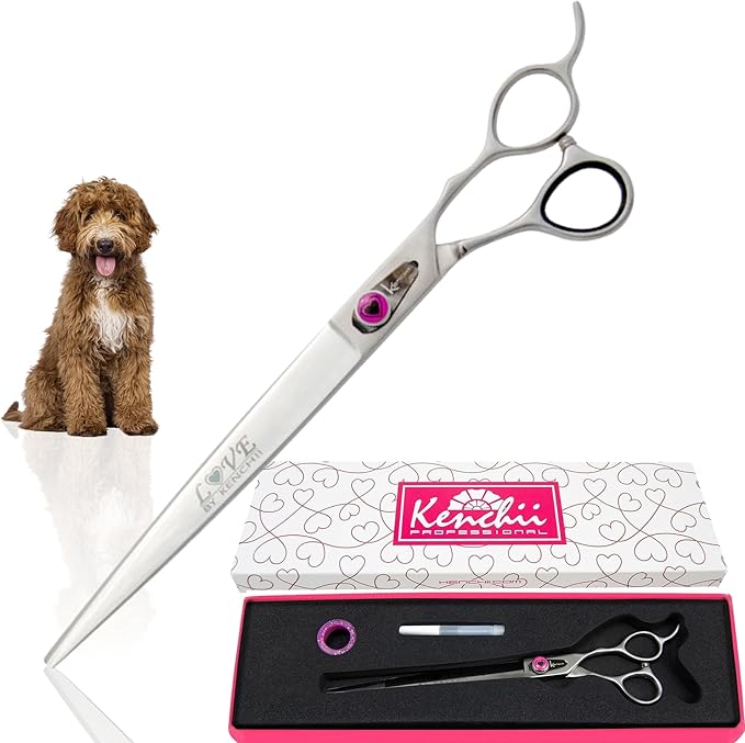 Kenchii Love Dog Grooming Scissors, 9 Inch Straight Shears, Dog Scissors for Grooming, Professional Pet Grooming Scissors, Heavy Duty, Durable and Sharp