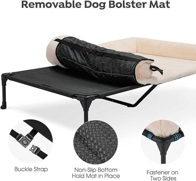 Veehoo Cooling Elevated Dog Bed with Fluffy Plush Bolster Cushion, Indoor Raised Dog Beds for Large Dogs, Soft Pet Sofa Cot with Removable Washable Mat, No-Slip Feet, 59 x 37 inches, Cream White