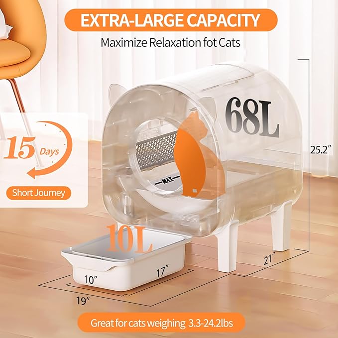 Self Cleaning Litter Box, 68 L Automatic Cat Litter Box for Multiple Cats, Robot with Dual Safety Protection, APP Control, Odor Removal Smart Litter Boxes, 2 Roll Trash Bags