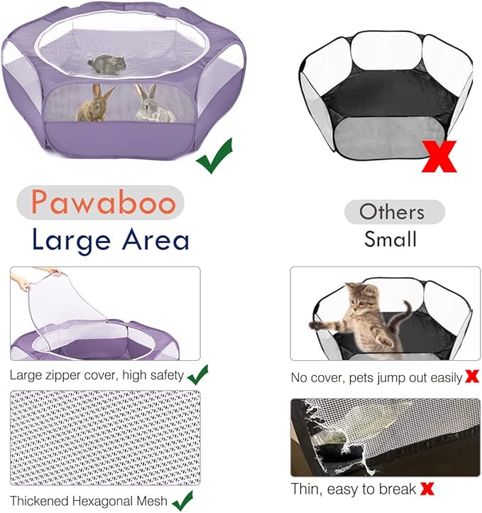 Pawaboo Small Animals Playpen, Waterproof Small Pet Cage Tent with Zippered Cover, Portable Outdoor Yard Fence with 3 Metal Rod for Chick/Kitten/Puppy/Guinea Pig/Rabbits/Hamster/Chinchillas, Purple