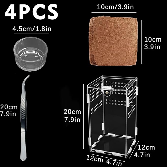 Micro Habitat Terrarium Kit (4pc Set) - Acrylic Reptile & Spider Enclosure (4.7 * 4.7 * 8 Inches)