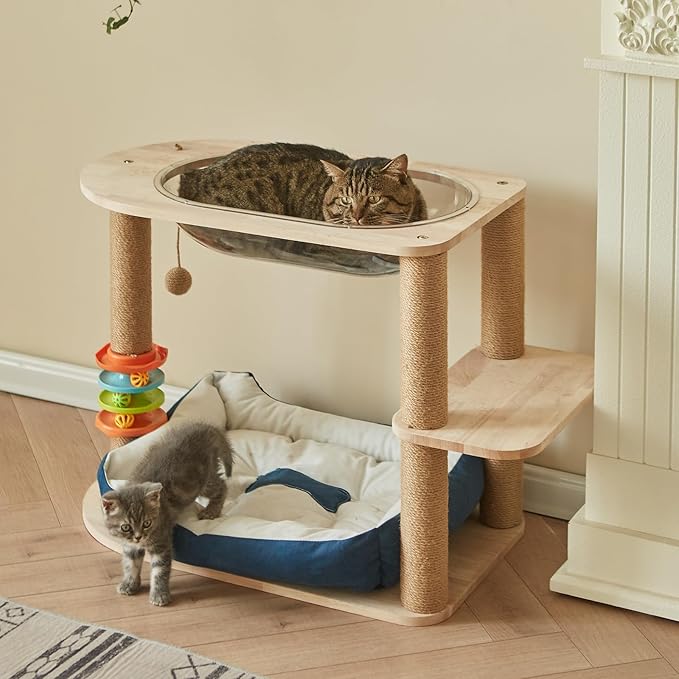 2 Tier Cat Tower,21.85 in cat Perch Wood cat condo with Hammock and Sisal Rope Scratcher Post Hanging Toy Balls for Indoor Large Cats Kittens (Blue)