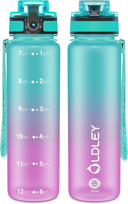 OLDLEY 32 oz Water Bottle, Motivational Water Bottle with Time Marker, Sports Water Bottle With Strap, Leakproof & BPA Free Large Water Bottles for School, Gym, Travel,Tritan,Green&Purple