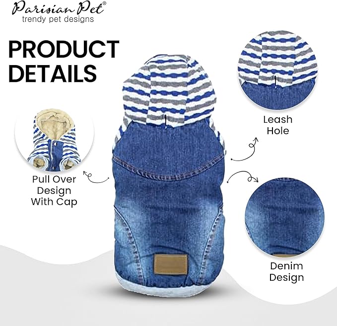 Parisian Pet Basic Dog Hoodie - Lightweight Denim Striped Sweatshirt With Leash Hole and Pockets - Blue Cotton Clothes for Medium Dogs - M