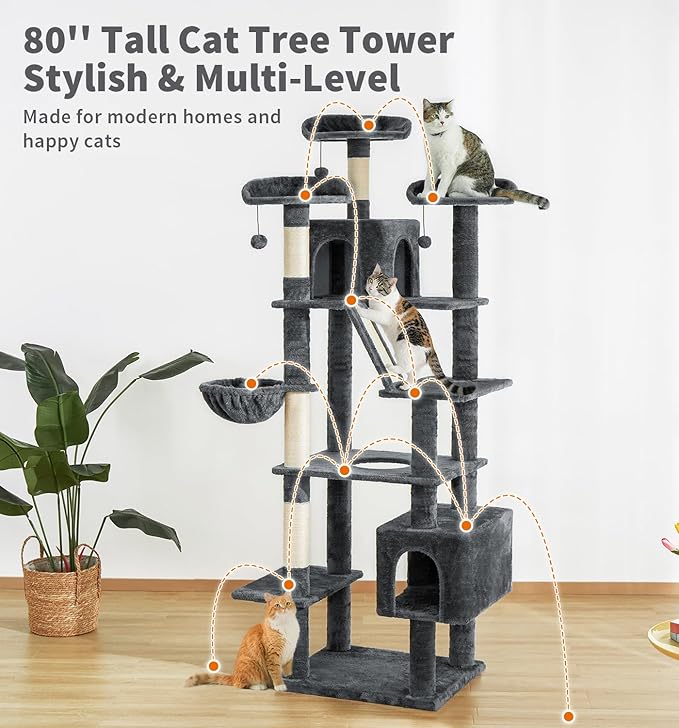 Made4Pets Tall Cat Tree, 80" Cat Tree Tower for Indoor Cats Large Adult, Modern Cat Tower with Scratching Post, Cozy Hammock, 3 Perches and 2 Condos, Sturdy and Fluffy, Dark Gray