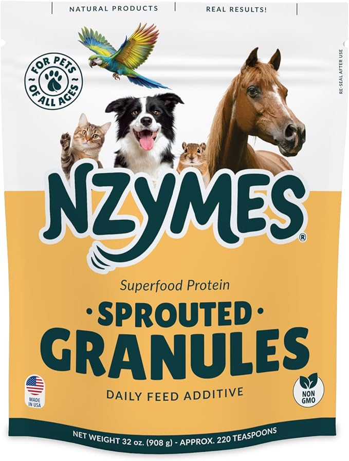 Nzymes® Sprouted Granules 2LBS for Dogs, Cats, Horses. Raw Super Food Protein and Antioxidant Nutrition. Cost Effective Food Supplement Dog Health Supplies. Supports Healthy Joints. 220 Servings. USA