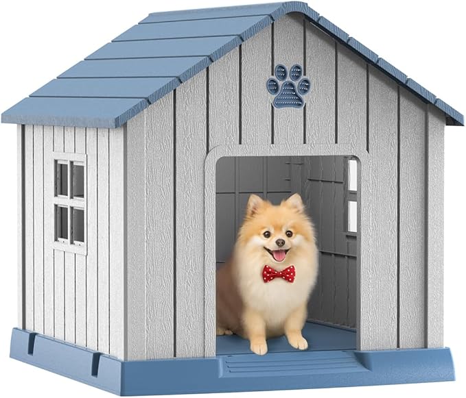 Vixzen 32in Large Outdoor Dog House,Durable Water Resistant Resin Dog House,Doghouse for Small to Large Dogs Indoor or Outside,with Air Vent and Elevated Floor,Blue