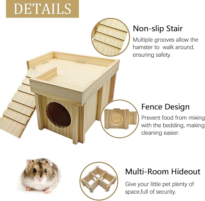 Wooden Hamster Hideout Hamster Wood House with Ladder Hides Platform Decor Detachable Small Animals Cage Accessories for Rat Gerbils and Other Small Pets