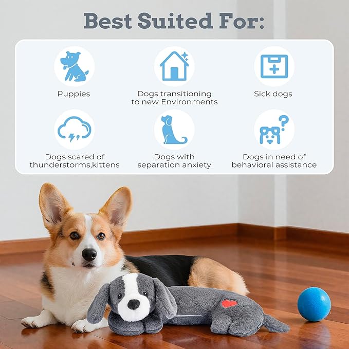 Heartbeat Puppy Toys Dog Heartbeat Toy for Anxiety Relief Calming Aid, Heartbeat Stuffed Animal for Puppy Dog Comfort Sleep Aid Crate Training, Puppy Essentials, Dark Gray