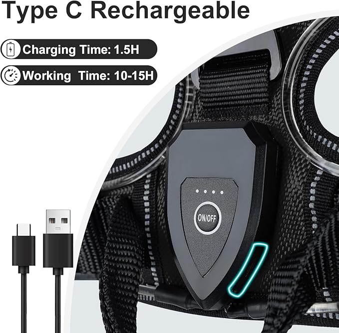 Taglory Light Up Dog Harness, Rechargeable No Pull Dog Vest with 3 Lightning Modes, Reflective Dog Harness with 2 Leash Clips & 4 Adjustable Slide Strips for Large Dogs, Black-Blue, L