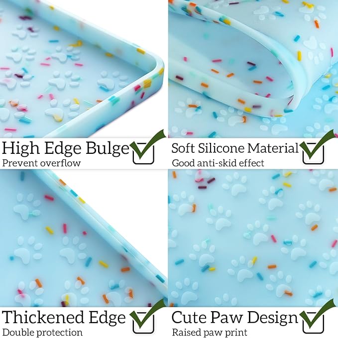 Ptlom Dog Food Mat Anti-Slip Dog Bowl Mats for Food and Water, Waterproof Pet Placemat Prevents Messy Spill to Floor, Silicone Puppy Feeding Tray for Small, Medium and Large Dogs Cats, Blue