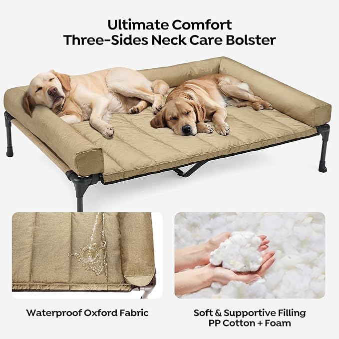 Veehoo Cooling Elevated Dog Bed Add Removable Waterproof Bolster Cushion Mat, Raised Pet Cot with Breathable Teslin Mesh, No-Slip Feet, Dog Couch Bed for Indoor Outdoor, 59x37.5inches, Beige, CWC2331B