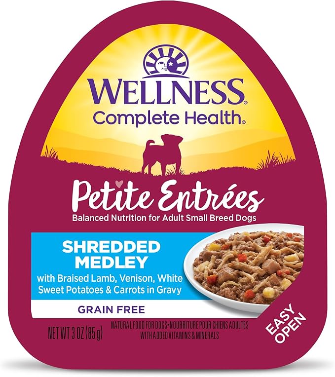 Wellness Petite Entrées Shredded Medley with Braised Lamb, Venison, White Sweet Potatoes & Carrots, 3-Ounce Cup (Pack of 12)