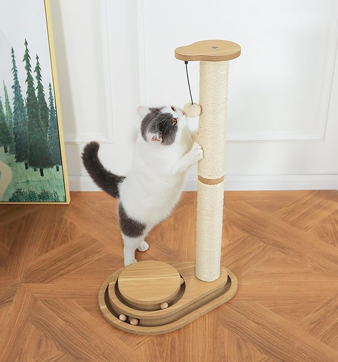 Made4Pets Cat Scratching Post Cat Scratcher Kitten Toys for Indoor Cats Wooden Ball Track Two-Layer Modern Sisal 23.4" Tall Scratch Post Interactive Toy with Dangling Ball Middle Size