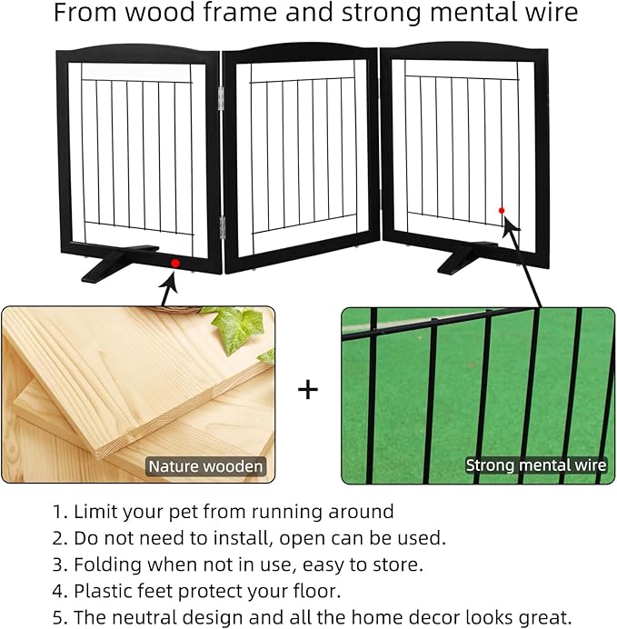 ZJSF Freestanding Dog Fence Indoor, Foldable Dog Gate for Doorways, Stairs or Hallways, Sturdy Wood Extra Wide Pet Gate with Support Feet for The House, Black, 32 "Height-3 Panels