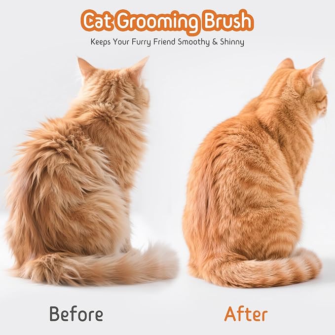 Self Cleaning Slicker Brush, 2-in-1 Cat Brush for Shedding, Skin Friendly Grooming Tool for Long & Medium-Long Hair Pets, Adjustable Bristle Length with Dematting Comb for Cats, Dogs (Orange)