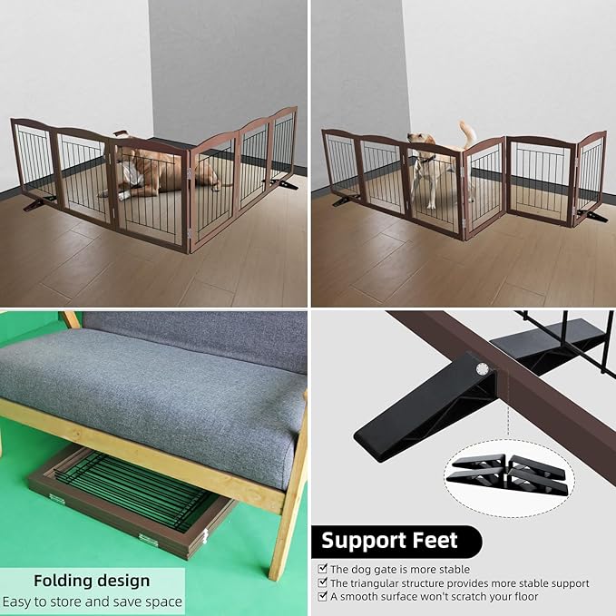 ZJSF Freestanding Dog Fence Indoor, Foldable Dog Gate for Doorways, Stairs or Hallways, Sturdy Wood Extra Wide Pet Gate with Support Feet for The House, Brown, 24 "Height-6 Panels