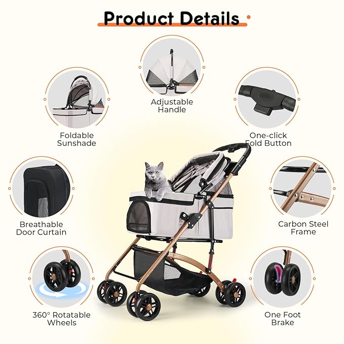 3-in-1 Foldable Pet Stroller for Medium Dogs & Cats (50lbs) - Detachable Carrier, Car Seat, Storage Basket, 5" Lockable Wheels