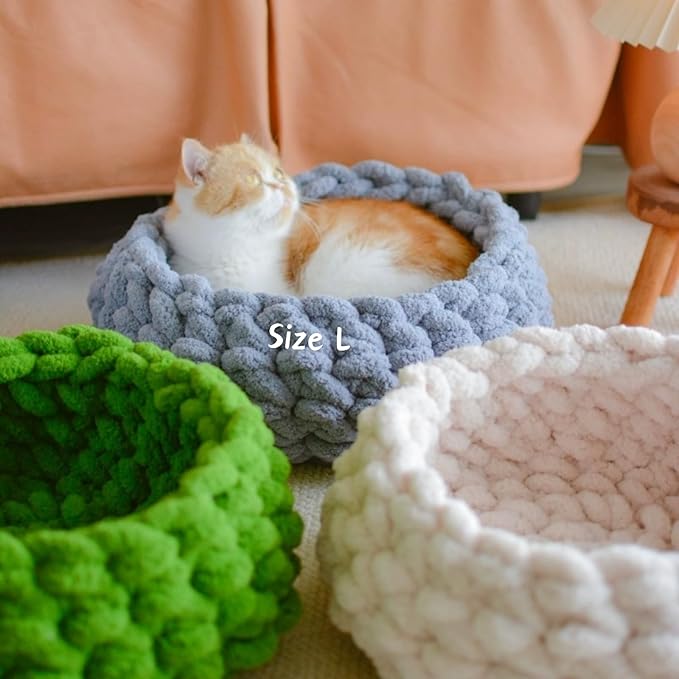 Cat Nest Bed – Premium Handwoven Washable Extra Soft Round Cave House for Indoor Kitten & Kitty, Small & Large (Cloud White,Large)
