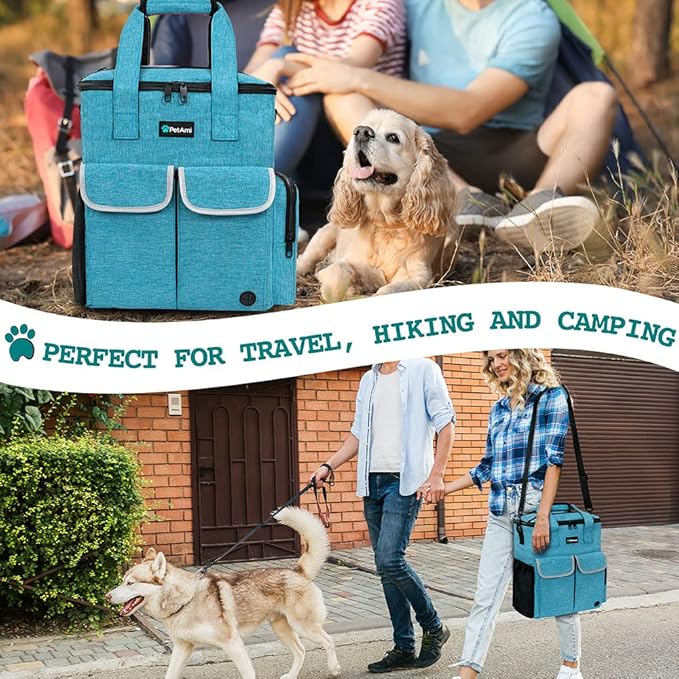 PetAmi Dog Travel Bag Pet Supplies Accessories Organizer for Traveling, Camping, Weekend; Cat Pet Travel Bag Kit Includes 2 Food Storage Containers, 2 Collapsible Bowls, 1 Feeding Mat (Teal Blue)