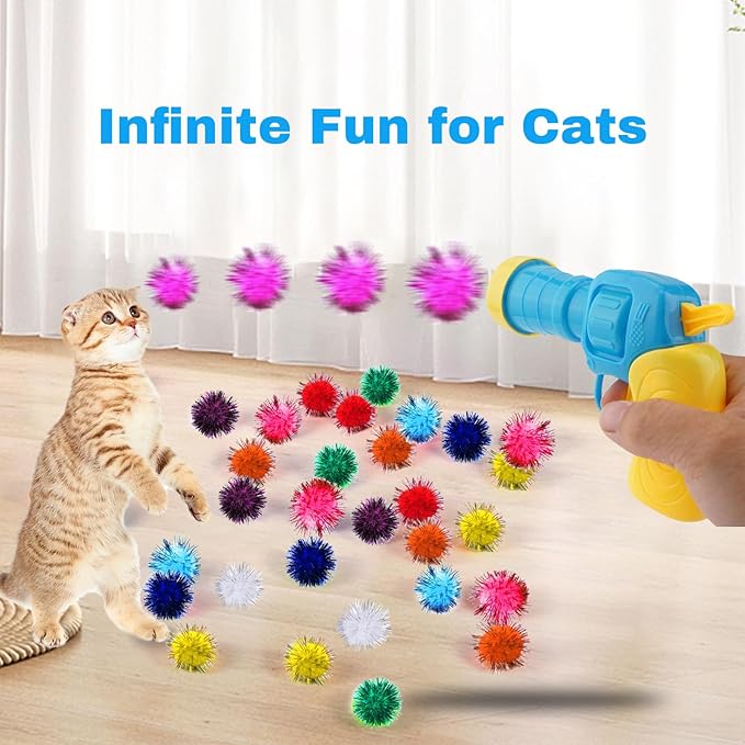 Dorhui Cat Toy Gun Launcher - 30 Pcs Sparkle Pom Pom Balls and Ball Launcher, Fetch Toy Gun Shooter, Interactive Glitter Balls for Indoor Cats and Kitty Gifts