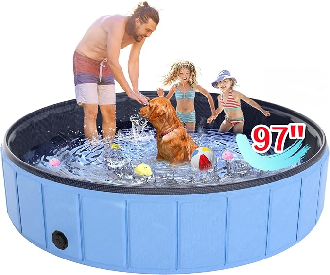 Giant Dog Pool 97"x16", Hyperzoo Foldable Dog Swimming Pool, Hard Plastic PVC Leakproof Doggie Wading Collapsible Pet Bathing Tub for Puppy Small Medium Large Dogs and Kids, Blue