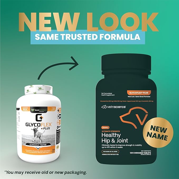 VetriScience Ultimate Strength Healthy Hip & Joint Chewable Tablets, GlycoFlex Glucosamine, Chondroitin and Green-Lipped Mussel Joint Supplement for Dogs, Soothe Joint Discomfort, Chicken, 120 Count