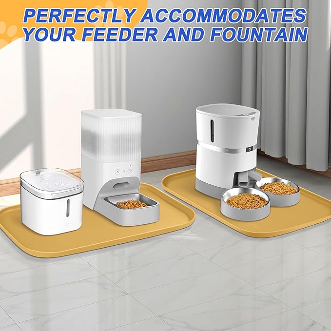 Silicone Pet Feeding Mat with Raised Edge for Food and Water, Dog Bowl Mats, Cat Bowls Placemat with High Lip for Floor Waterproof, Rubber Tray for Cats and Dogs 22 x 14 x0.8 Beige