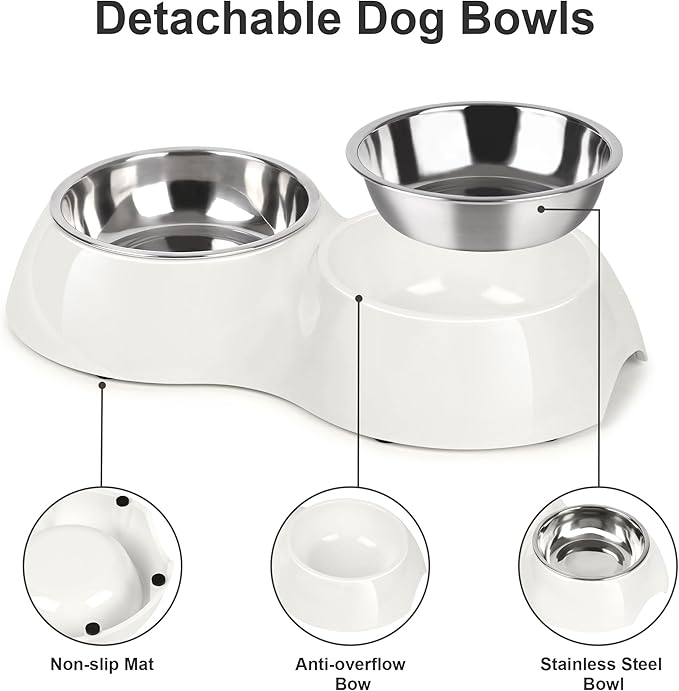 Stainless Steel Dog Bowls Set – Dual Non-Slip Pet Dishes with 2 Small (4oz*2) Bowls & Durable Resin Stand,Food & Water Feeder for Puppies, Kittens, and Small Breed Dogs– White