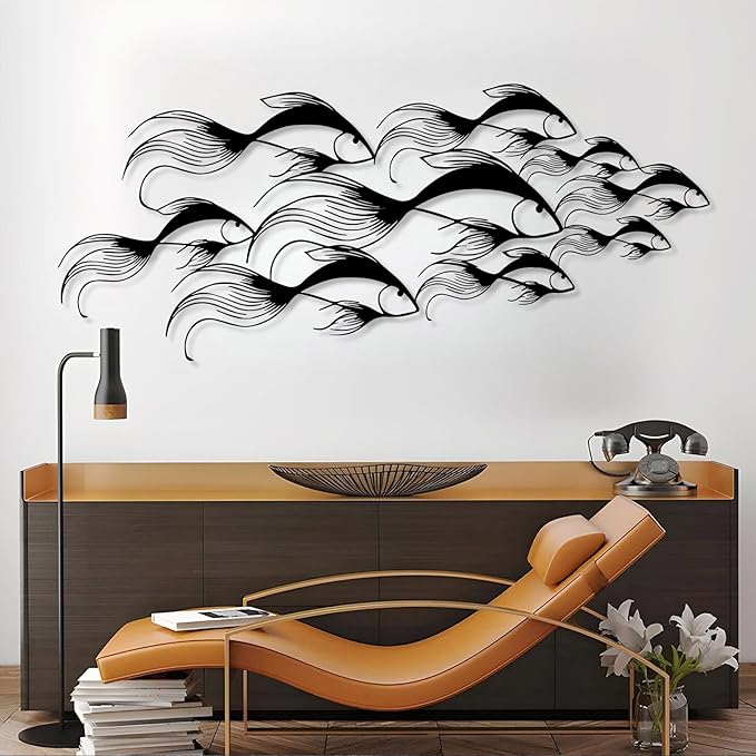 School of Fish Metal Wall Art, Metal Fish Wall Decor, Sea Life Wall Art, Large Nautical Wall Hanging, Modern Beach House Wall Decor, Ocean Themed Artwork for Bathroom (Black, 48"x20" | 121x51cm)